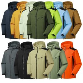 Custom Logo Autumn Patchwork Hooded Waterproof Windbreak Outdoor Hiking Softshell Jacket For Men